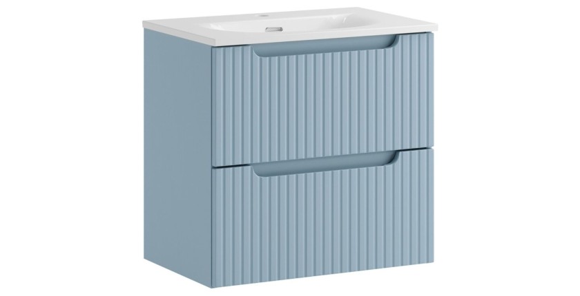 Ensemble VANO bleu 60cm : meuble sous vasque à tiroirs et vasque encastrée blanche