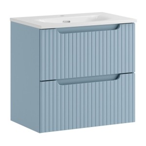 Ensemble VANO bleu 60cm : meuble sous vasque à tiroirs et vasque encastrée blanche