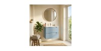 Ensemble VANO bleu 60cm : meuble sous vasque à tiroirs et vasque encastrée blanche mis en situation