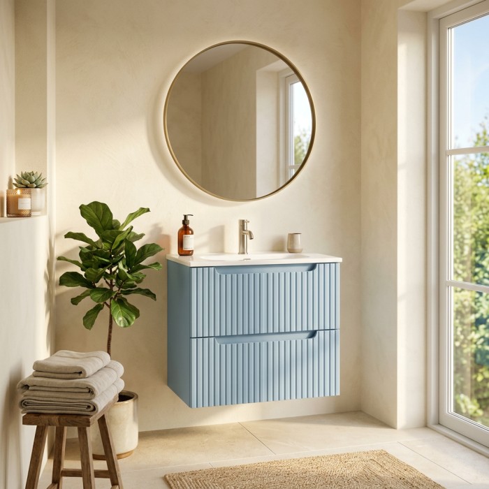 Conjunto de baño suspendido VANO azul denim 60cm: mueble bajo lavabo con cajones + lavabo blanco empotrado