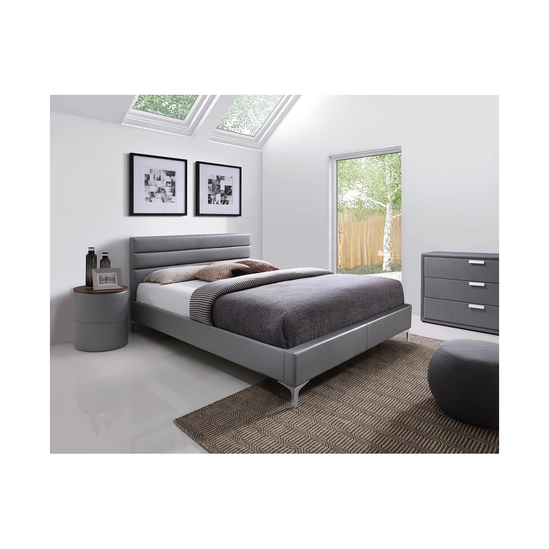 Ensemble lit THOMAS 160x200 avec sommier + 2 tables de chevet rondes – Gris et bois