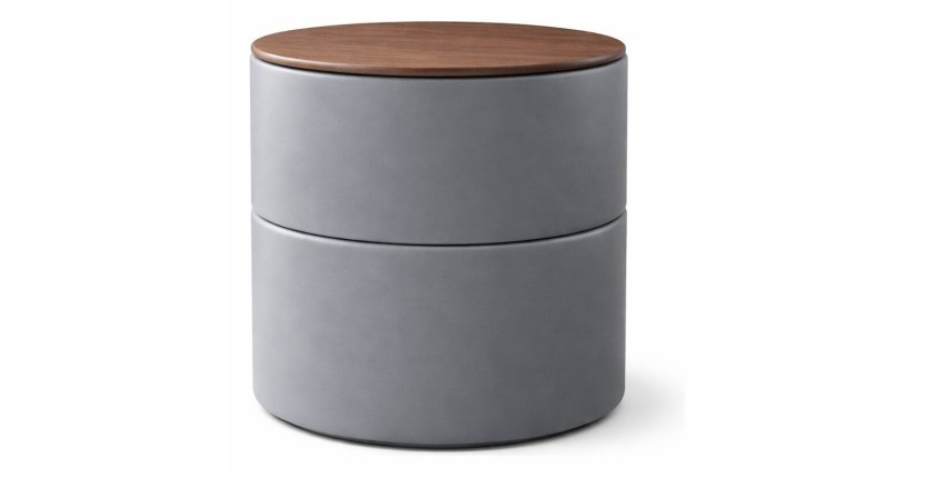 Ensemble lit THOMAS 160x200 avec sommier + 2 tables de chevet rondes – Gris et bois