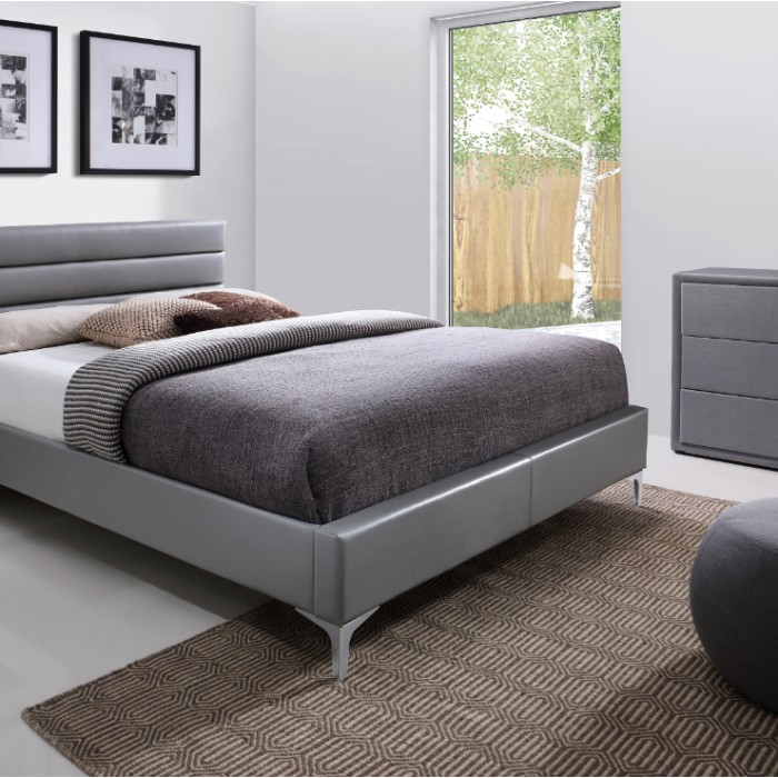 Lit avec sommier THOMAS 160x200 en simili cuir, coloris gris