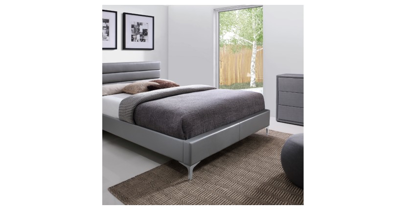 Lit avec sommier THOMAS 160x200 en simili cuir, coloris gris