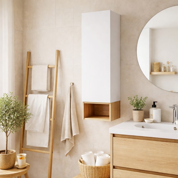 Colonna di stoccaggio OSTER 30cm – mobile sospeso bianco opaco con 1 porta e nicchia visibile in rovere chiaro