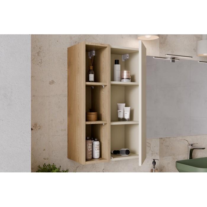 Mueble de almacenamiento OSTER 50cm – mueble colgante blanco mate 1 puerta y 3 nichos visibles aspecto roble claro