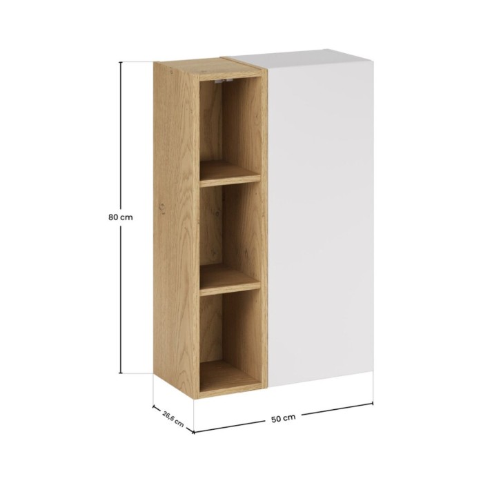 Mueble de almacenamiento OSTER 50cm – mueble colgante blanco mate 1 puerta y 3 nichos visibles aspecto roble claro