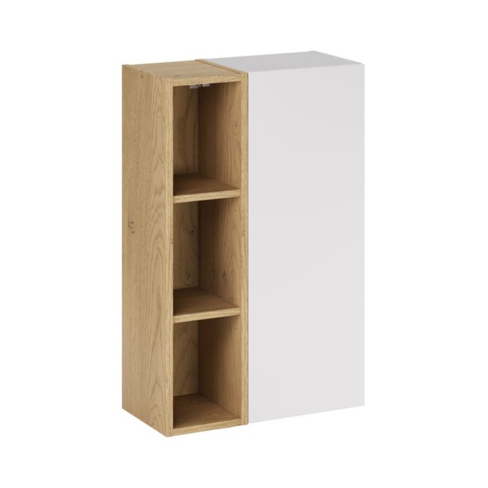 Mueble de almacenamiento OSTER 50cm – mueble colgante blanco mate 1 puerta y 3 nichos visibles aspecto roble claro