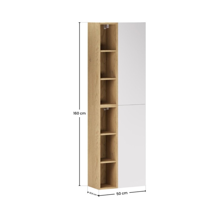 Modulare Aufbewahrungsmöbel OSTER 50cm – Hängeschränke in Mattweiß mit 1 Tür und 6 sichtbaren Fächern in hellem Eichenlook