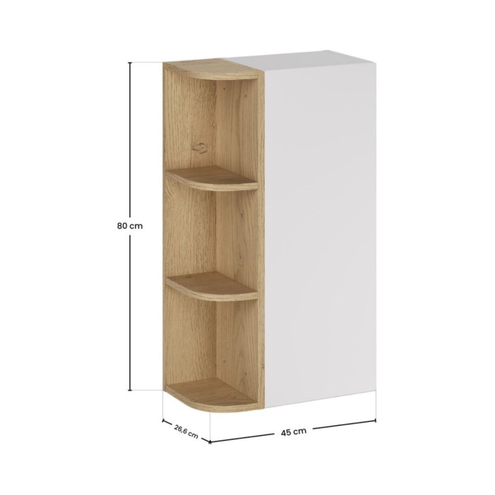 Mueble de almacenamiento OSTER 45cm – mueble colgante blanco mate 1 puerta y 3 nichos visibles redondeados aspecto roble claro