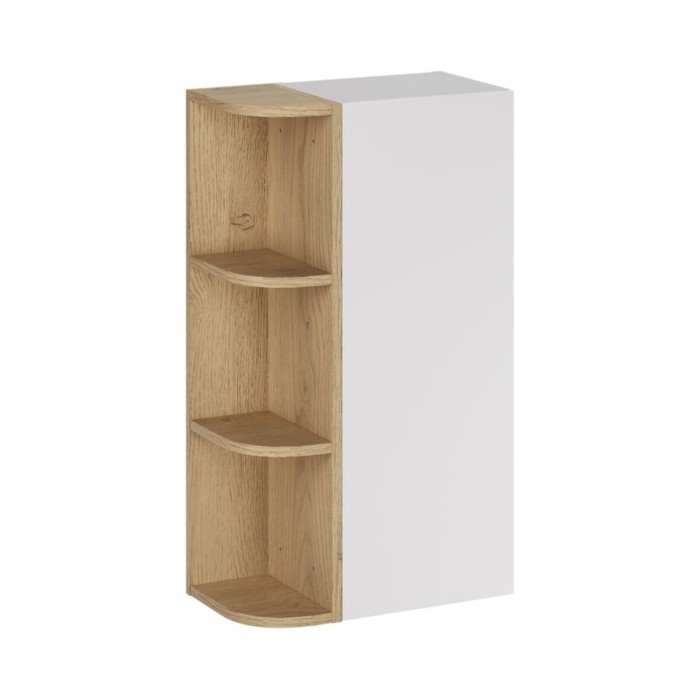 Mueble de almacenamiento OSTER 45cm – mueble colgante blanco mate 1 puerta y 3 nichos visibles redondeados aspecto roble claro