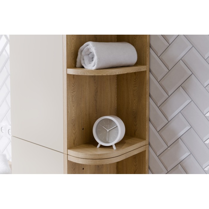 Mueble de almacenamiento OSTER 45cm – mueble colgante blanco mate 1 puerta y 3 nichos visibles redondeados aspecto roble claro