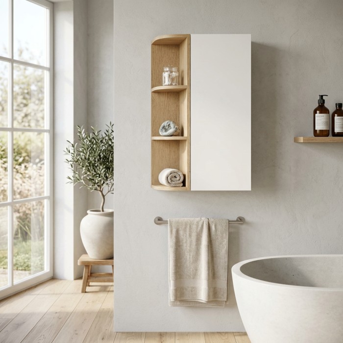 Mueble de almacenamiento OSTER 45cm – mueble colgante blanco mate 1 puerta y 3 nichos visibles redondeados aspecto roble claro