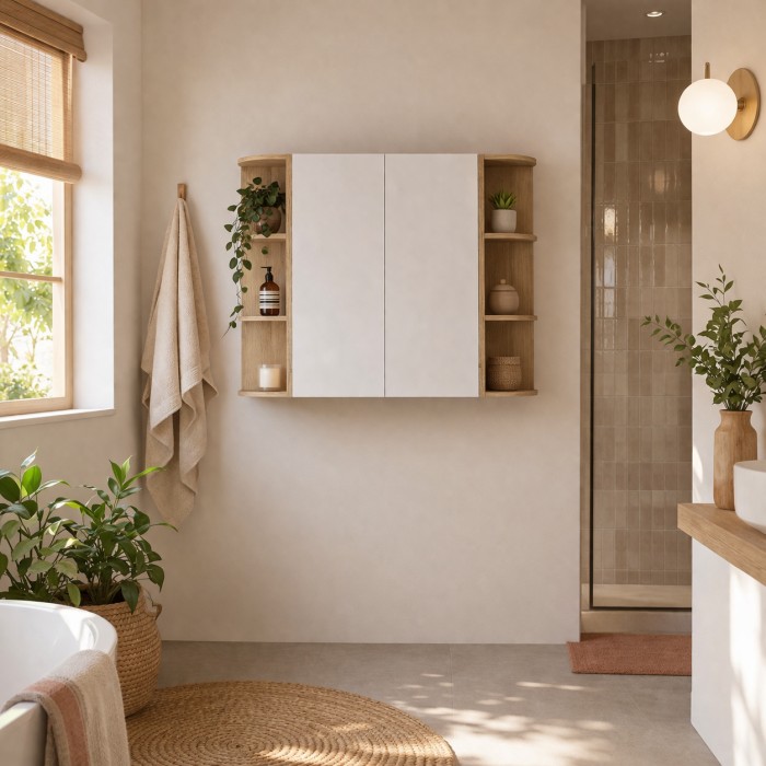 Muebles de almacenamiento modulares OSTER 45cm – muebles colgantes blanco 1 puerta y 6 nichos redondeados aspecto roble claro