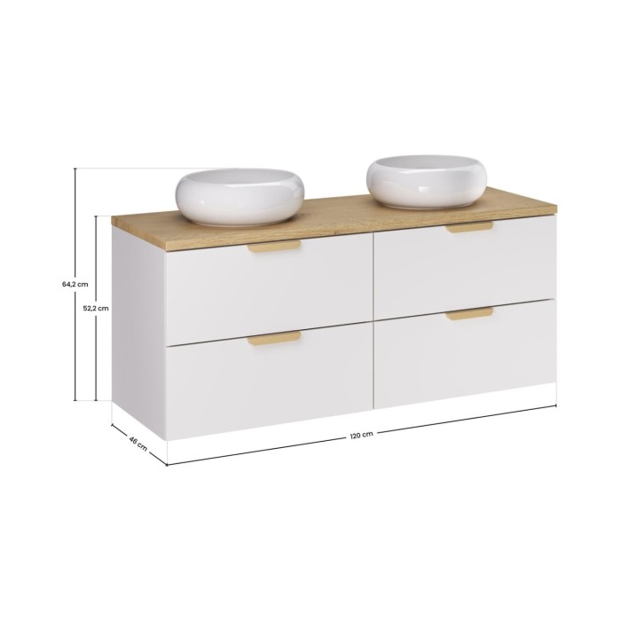 Badezimmer-Set OSTER 120cm: Unterschrank mit Schubladen + Platte für Waschbecken + Rundes Aufsatzwaschbecken in Weiß