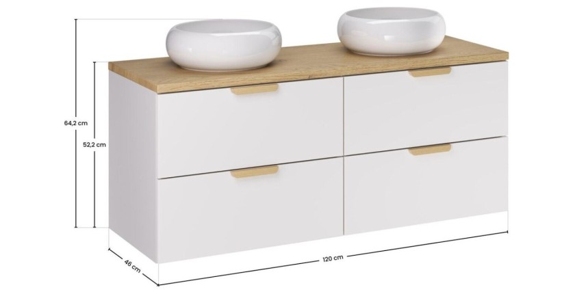 Ensemble OSTER 120cm blanc : meubles sous vasque, plan pour vasque et vasque à poser ronde blanche dimensions