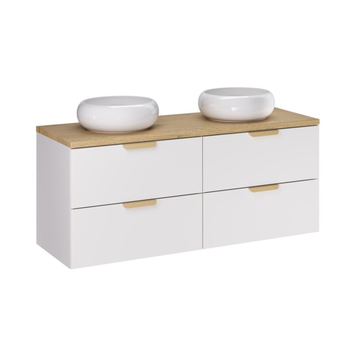 Badezimmer-Set OSTER 120cm: Unterschrank mit Schubladen + Platte für Waschbecken + Rundes Aufsatzwaschbecken in Weiß