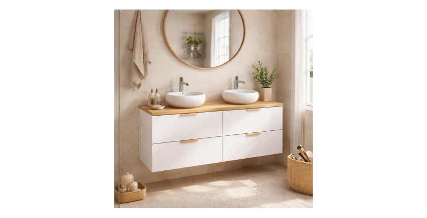 Ensemble OSTER 120cm blanc : meubles sous vasque, plan pour vasque et vasque à poser ronde blanche mis en situation