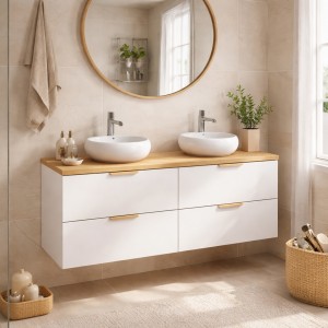 Ensemble OSTER 120cm blanc : meubles sous vasque à tiroirs et plan pour vasque aspect chêne clair mis en situation