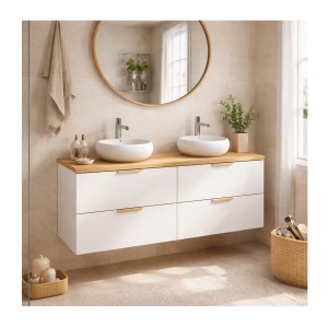 Ensemble OSTER 120cm blanc : meubles sous vasque à tiroirs et plan pour vasque aspect chêne clair mis en situation