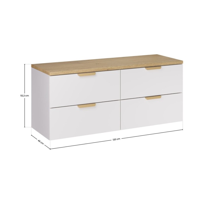 Zwevende badkamerset OSTER 120cm: witte onderkast met laden + werkblad voor wastafel in licht eiken look