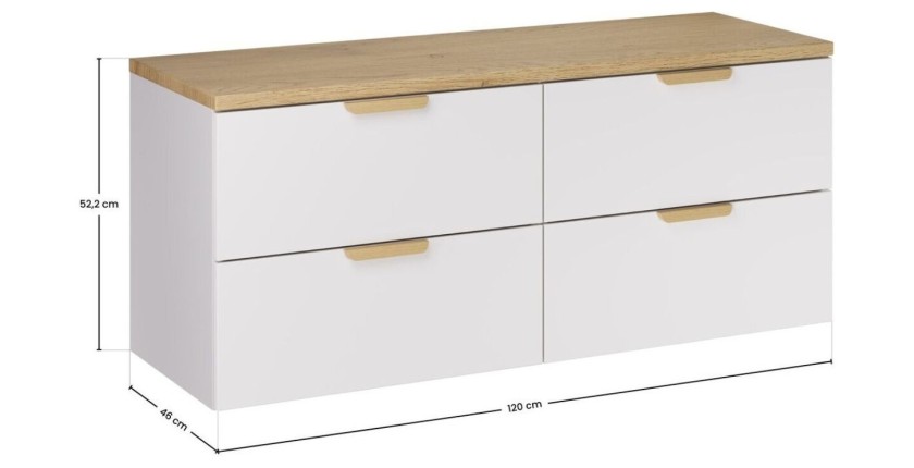 Ensemble OSTER 120cm blanc : meubles sous vasque à tiroirs et plan pour vasque aspect chêne clair dimensions