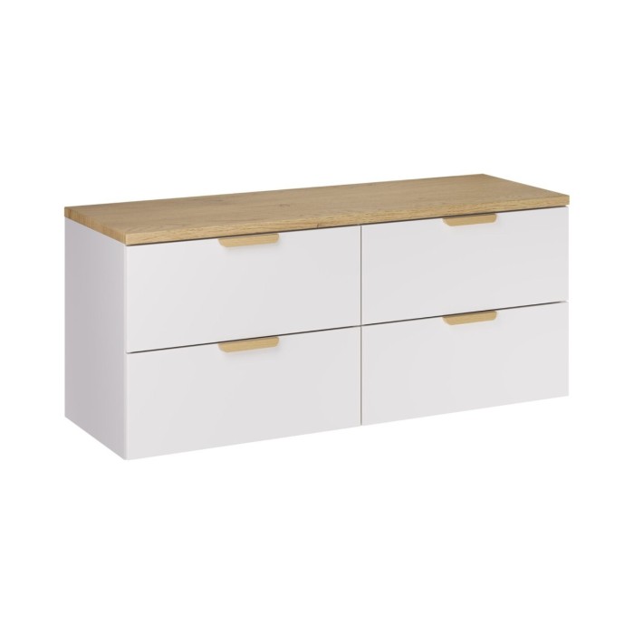 Zwevende badkamerset OSTER 120cm: witte onderkast met laden + werkblad voor wastafel in licht eiken look