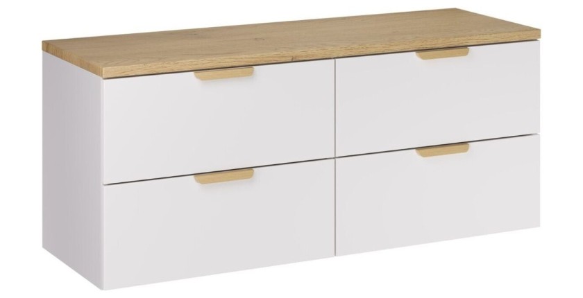 Ensemble OSTER 120cm blanc : meubles sous vasque à tiroirs et plan pour vasque aspect chêne clair