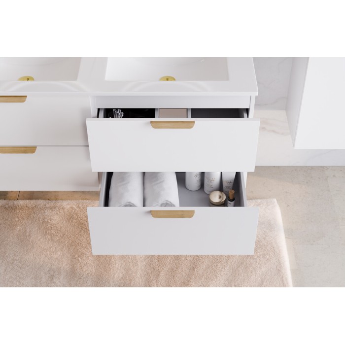 Wandhängendes Badezimmer-Set OSTER 120cm: Unterschränke mit weißen Schubladen + Doppel-Einbauwaschtisch