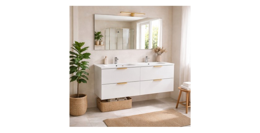 Ensemble OSTER 120cm blanc : meubles sous vasque à tiroirs et double vasque encastrée mis en situation