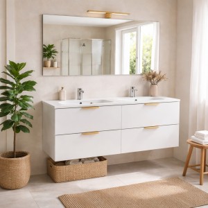 Ensemble OSTER 120cm blanc : meubles sous vasque à tiroirs et double vasque encastrée mis en situation