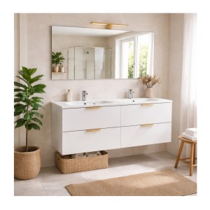 Ensemble OSTER 120cm blanc : meubles sous vasque à tiroirs et double vasque encastrée mis en situation