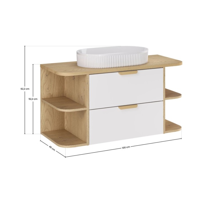 Conjunto OSTER 100cm: muebles bajo lavabo con cajones y nichos visibles + encimera para lavabo + lavabo sobre encimera blanco