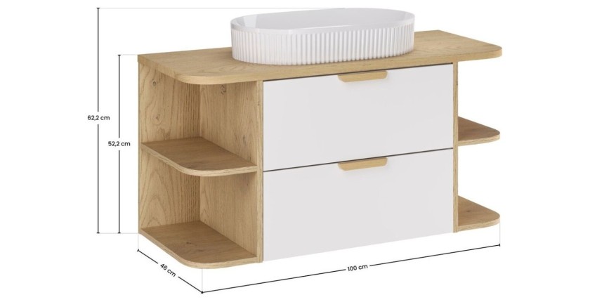 Ensemble OSTER blanc 100cm : meuble sous vasque, niches visibles, plan pour vasque et vasque à poser dimensions