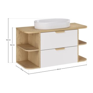 Ensemble OSTER blanc 100cm : meuble sous vasque, niches visibles, plan pour vasque et vasque à poser dimensions