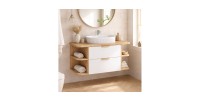 Ensemble OSTER blanc 100cm : meuble sous vasque, niches visibles, plan pour vasque et vasque à poser mis en situation