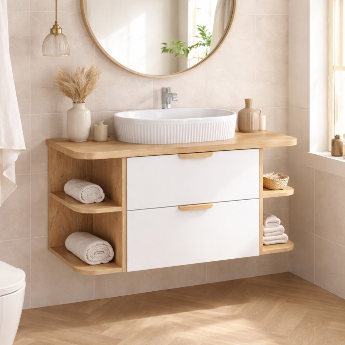 Conjunto OSTER 100cm: muebles bajo lavabo con cajones y nichos visibles + encimera para lavabo + lavabo sobre encimera blanco