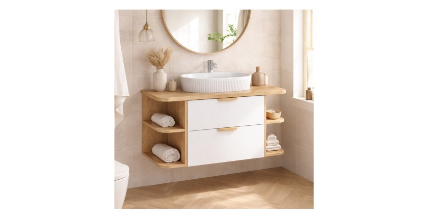 Ensemble OSTER blanc 100cm : meuble sous vasque, niches visibles, plan pour vasque et vasque à poser mis en situation