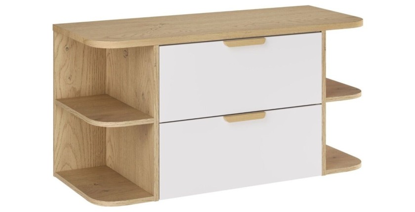 Ensemble OSTER blanc et chêne 100cm : meuble sous vasque à tiroirs, niches visibles et plan pour vasque