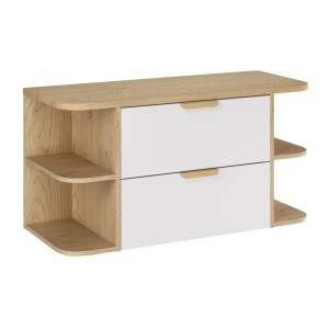 Ensemble OSTER blanc et chêne 100cm : meuble sous vasque à tiroirs, niches visibles et plan pour vasque