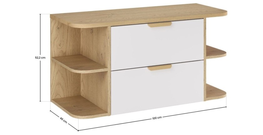 Ensemble OSTER blanc et chêne 100cm : meuble sous vasque à tiroirs, niches visibles et plan pour vasque dimensions