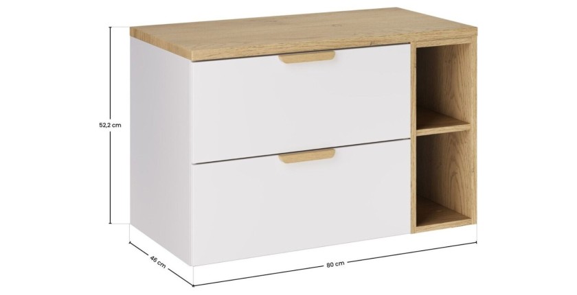 Ensemble OSTER blanc et chêne 100cm : meuble sous vasque à tiroirs, niches visibles et plan pour vasque droit dimensions