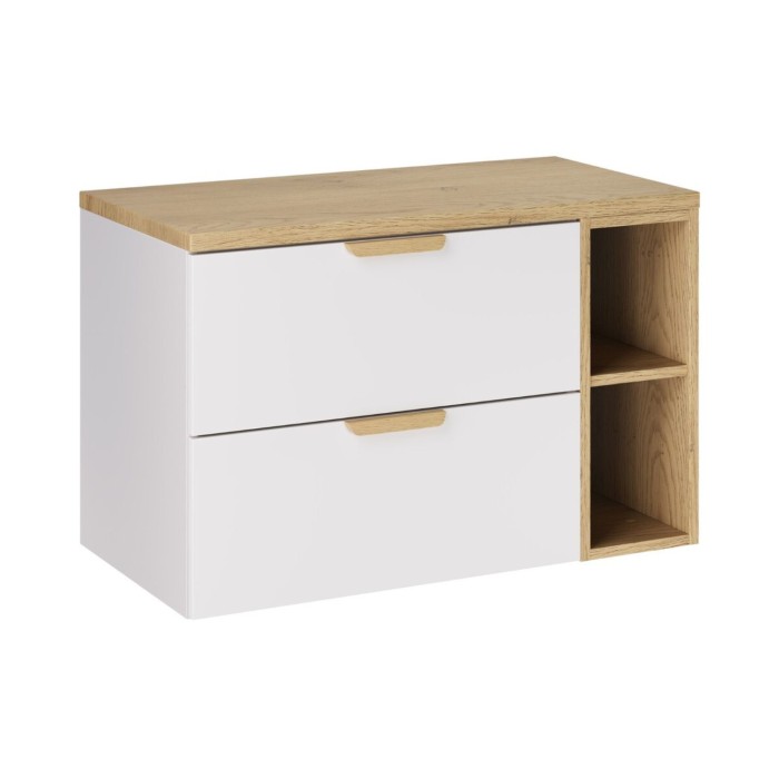 Conjunto de baño suspendido OSTER 80cm: muebles bajo lavabo con cajones y nichos visibles + encimera para lavabo