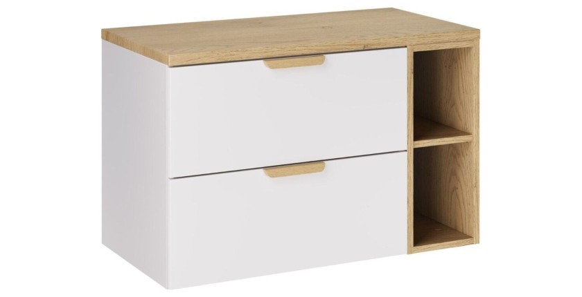 Ensemble OSTER blanc et chêne 100cm : meuble sous vasque à tiroirs, niches visibles et plan pour vasque droit
