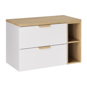 Ensemble OSTER blanc et chêne 100cm : meuble sous vasque à tiroirs, niches visibles et plan pour vasque droit
