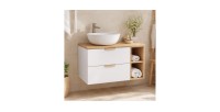 Ensemble OSTER blanc et chêne 100cm : meuble sous vasque à tiroirs, niches visibles et plan pour vasque droit mis en situation