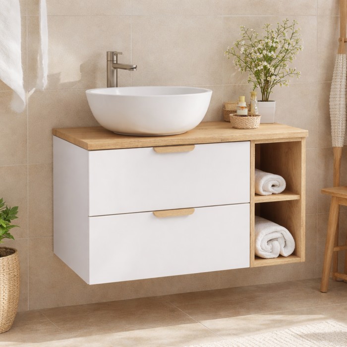 Conjunto de baño suspendido OSTER 80cm: muebles bajo lavabo con cajones y nichos visibles + encimera para lavabo
