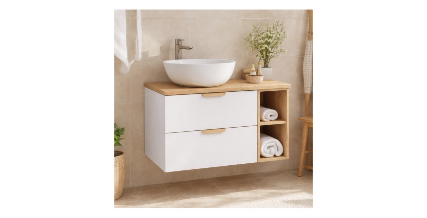 Ensemble OSTER blanc et chêne 100cm : meuble sous vasque à tiroirs, niches visibles et plan pour vasque droit mis en situation