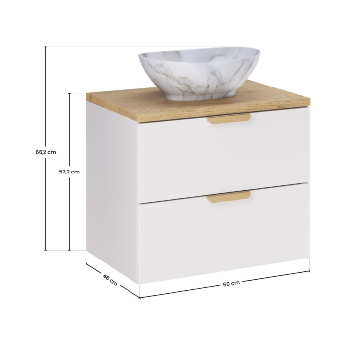 Badezimmer-Set OSTER 60cm: Waschtischunterschrank mit Schubladen + Abdeckplatte für Waschbecken + Aufsatzwaschbecken in weißer M