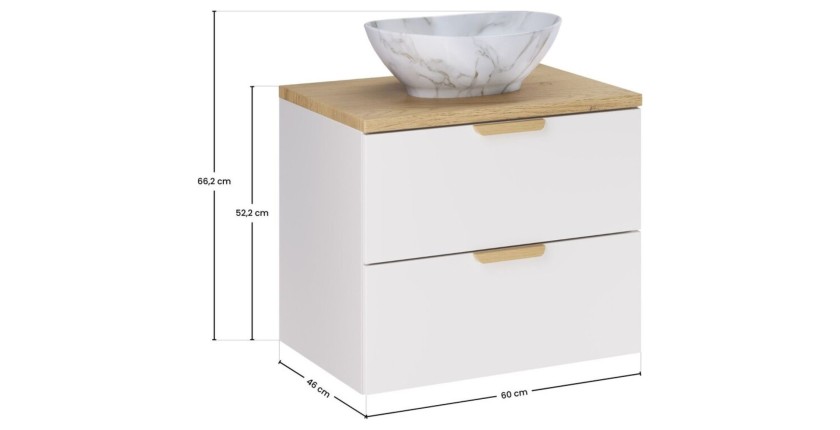 Badezimmer-Set OSTER 60cm: Unterschrank mit Schubladen + Platte für Waschbecken + aufgesetztes weiß marmoriertes Waschbecken